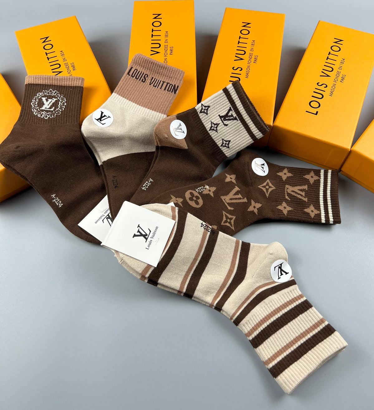 Louis Vuitton Brown Cream Double Stripe Bands Crew Socks, image 7