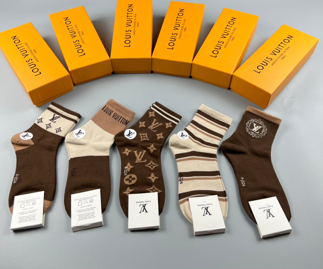 Louis Vuitton Brown Cream Double Stripe Bands Crew Socks, image 4