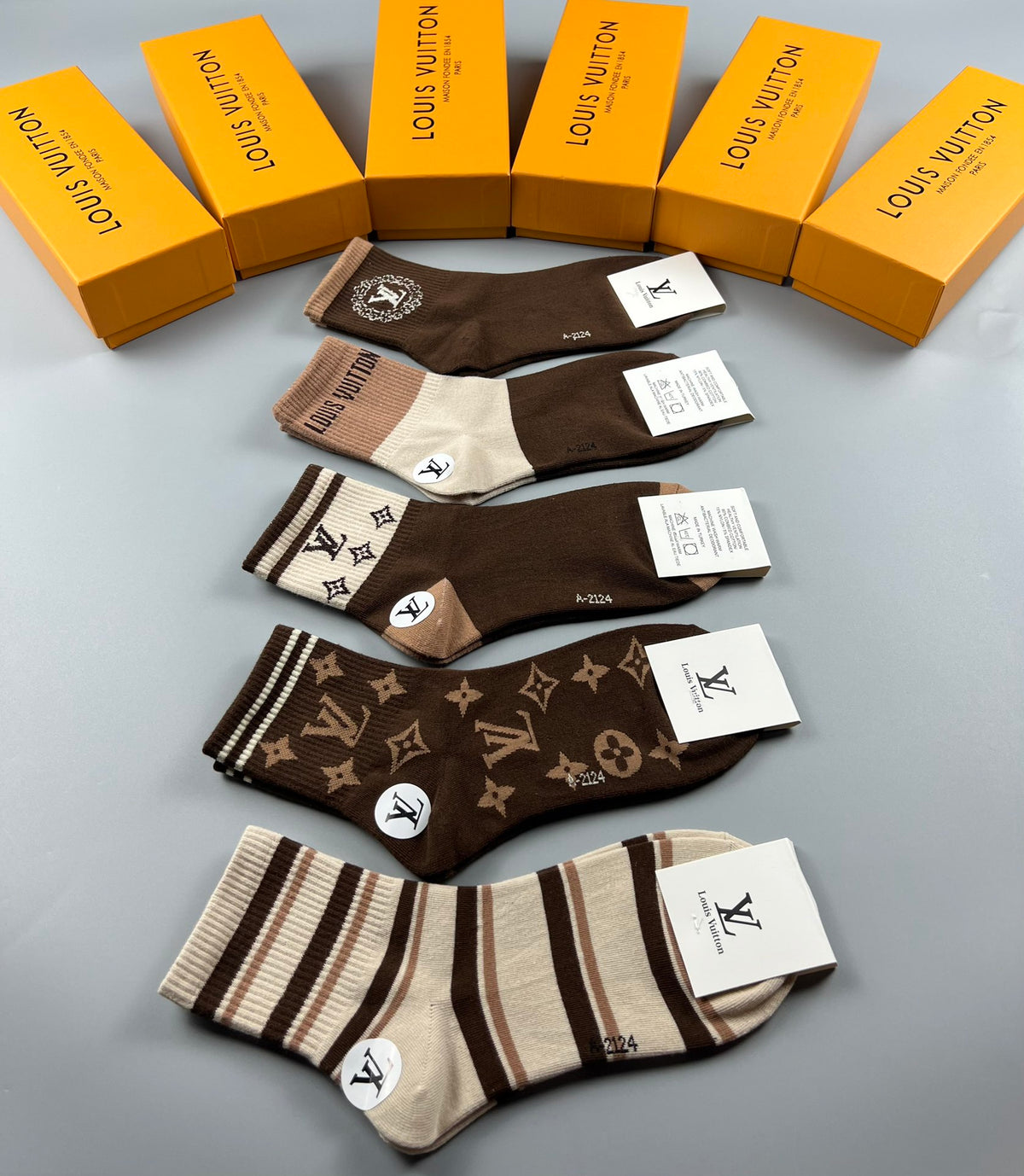 Louis Vuitton Brown Cream Double Stripe Bands Crew Socks, image 9