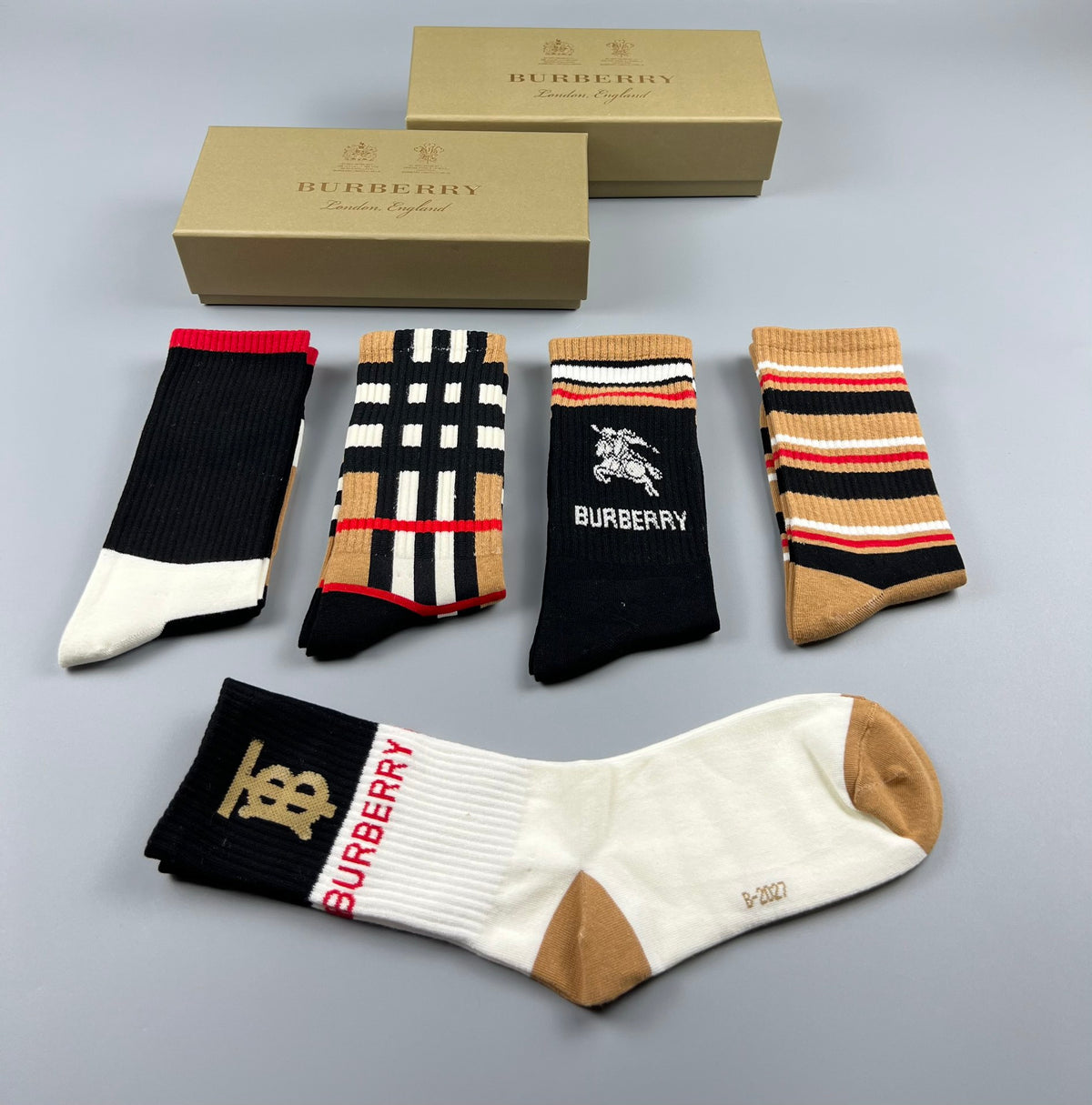 Burberry Black Cream Brown Check Patterns Ankle Socks, image 6