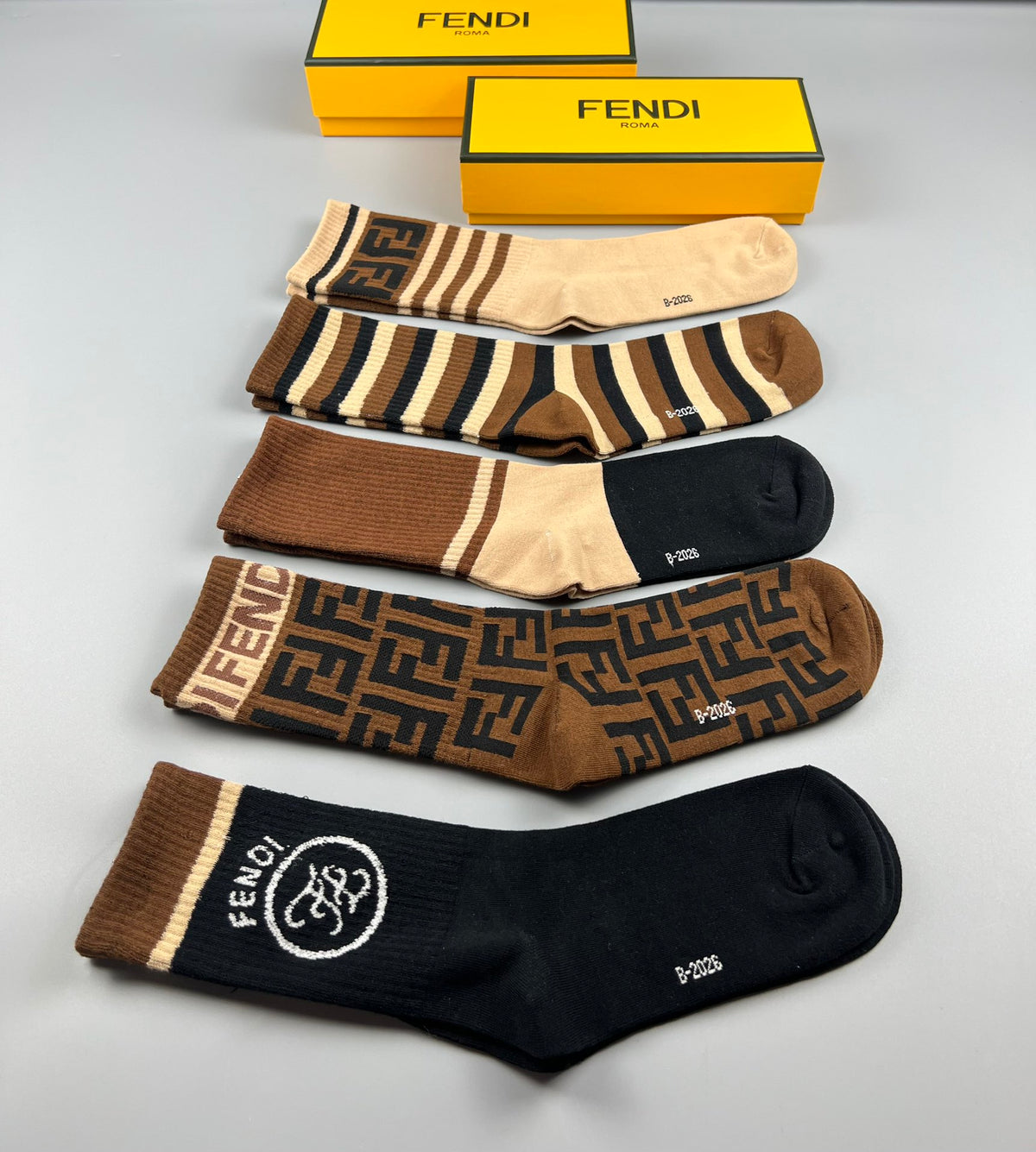 Fendi Black Cream Mixed Letter Stripes Crew Socks, image 9