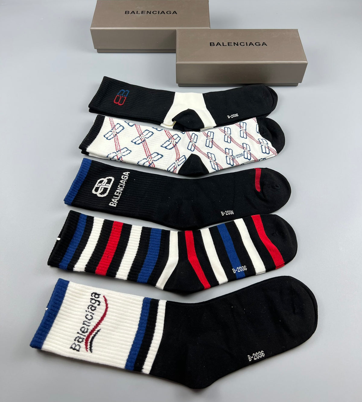 Balenciaga Neutral Mixed Stripe Graphic Patterns Crew Socks, image 9