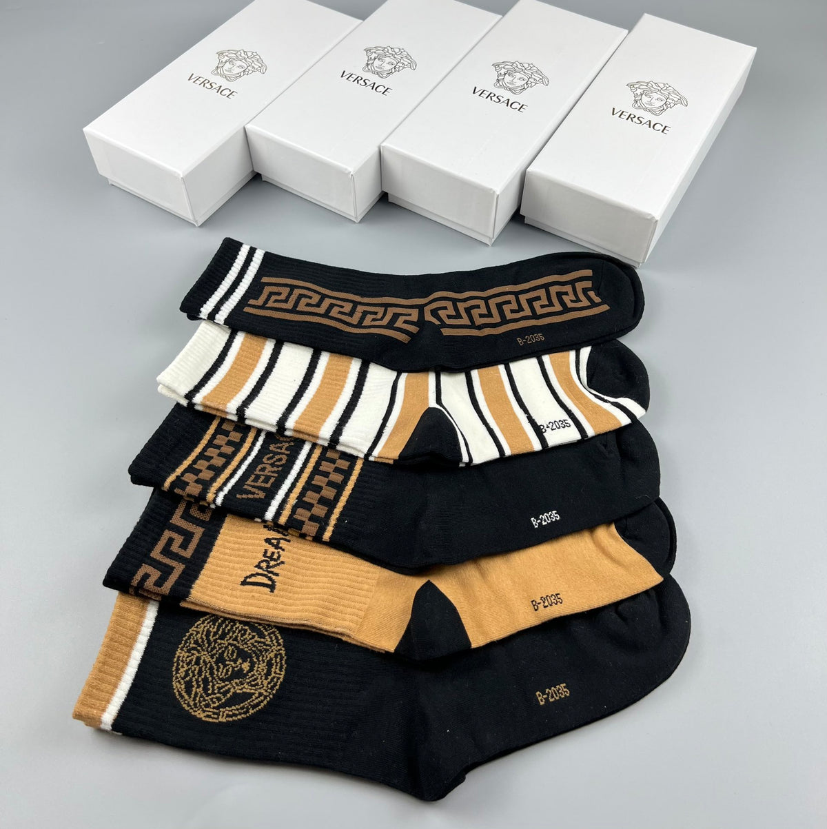 Versace Black White Grey Gold Side Bands Crew Socks, image 7