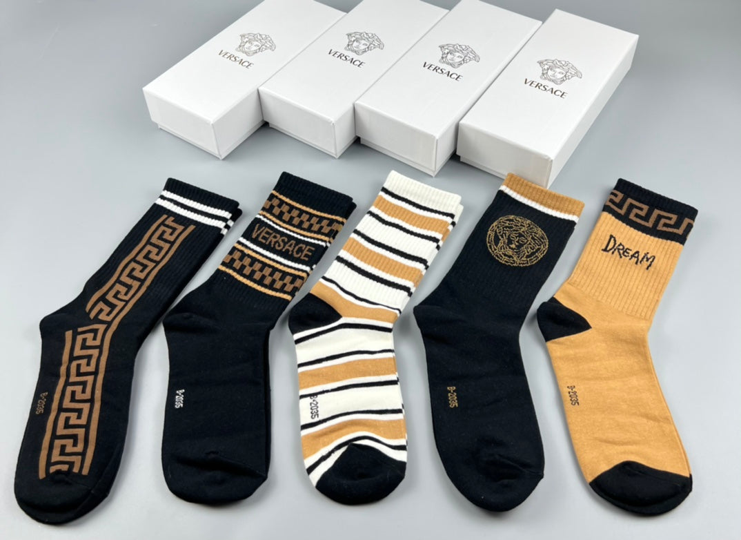 Versace Black White Grey Gold Side Bands Crew Socks, image 4