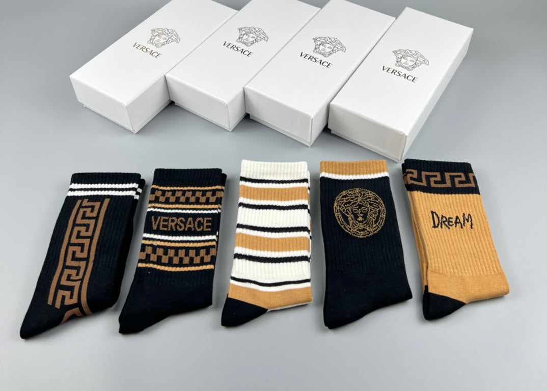 Versace Black White Grey Gold Side Bands Crew Socks, image 5