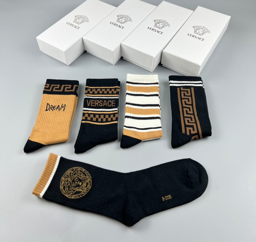 Versace Black White Grey Gold Side Bands Crew Socks, image 6