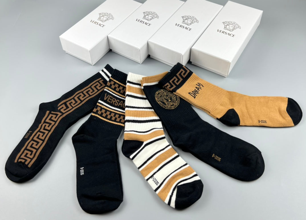 Versace Black White Grey Gold Side Bands Crew Socks, image 3