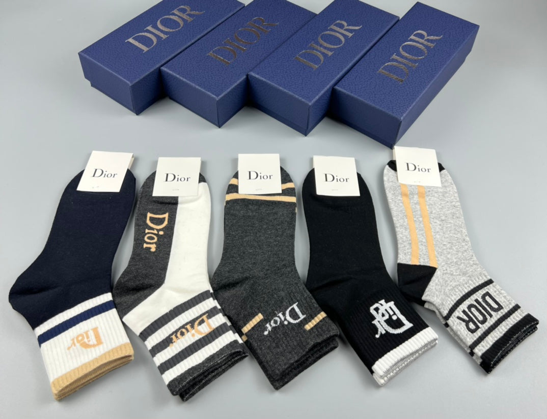 Dior Neutral Black White Mixed Graphic Stripes Crew Socks, image 6