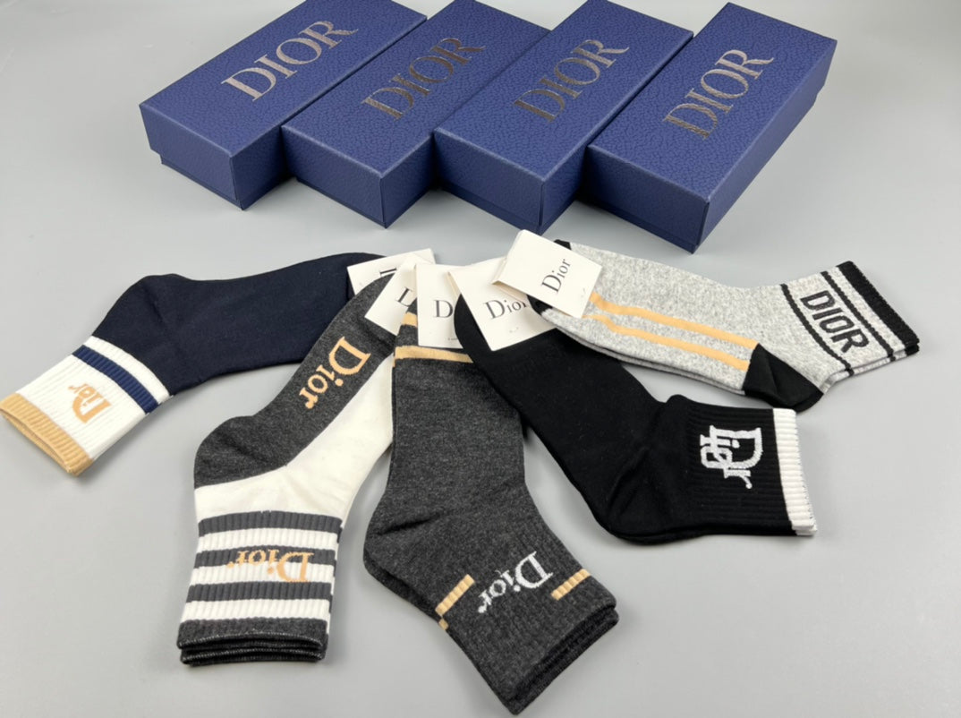 Dior Neutral Black White Mixed Graphic Stripes Crew Socks, image 2