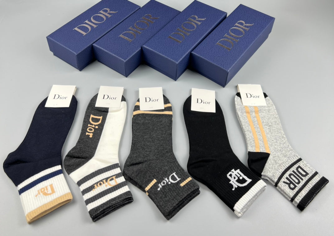 Dior Neutral Black White Mixed Graphic Stripes Crew Socks, image 1