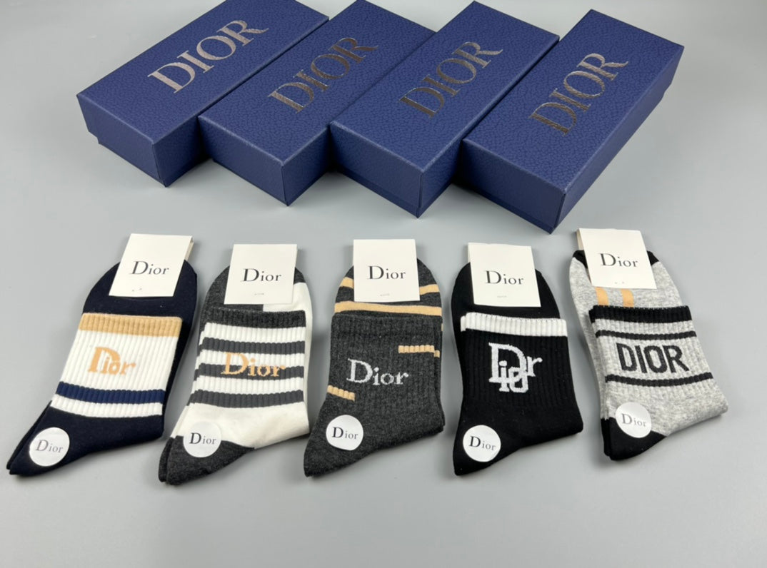 Dior Neutral Black White Mixed Graphic Stripes Crew Socks, image 5