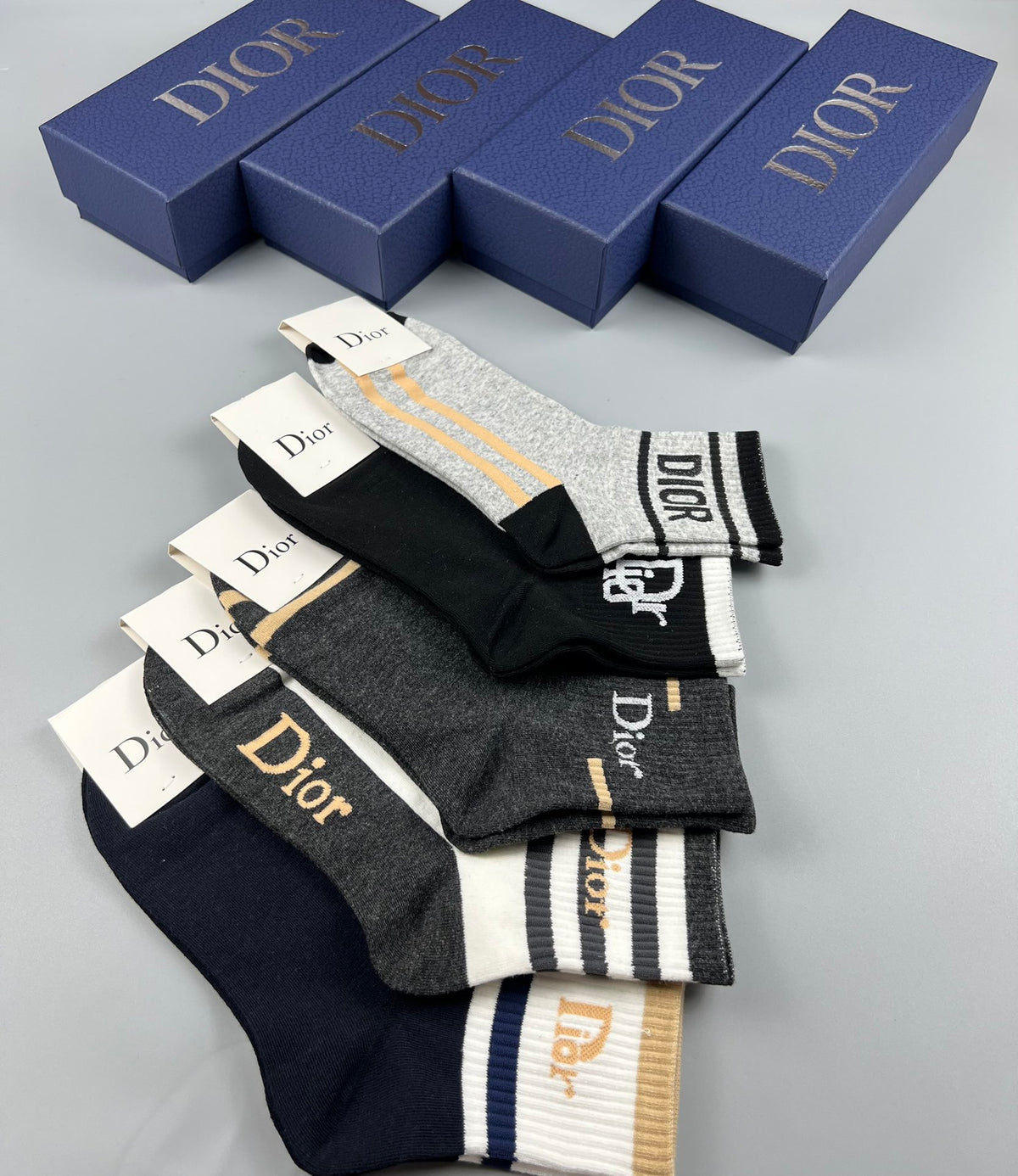 Dior Neutral Black White Mixed Graphic Stripes Crew Socks, image 8