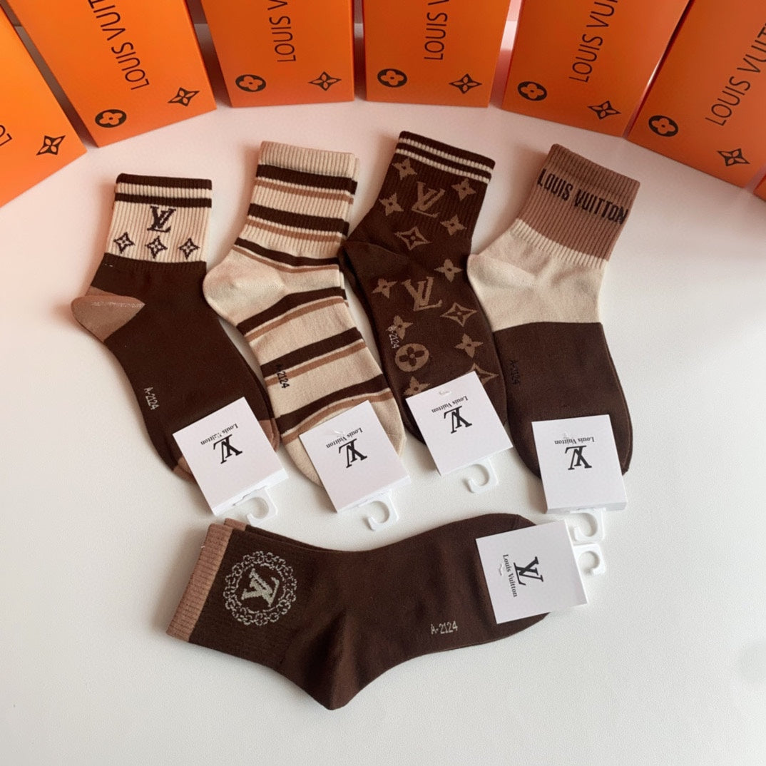 Louis Vuitton Brown Cream Broad Stripe Mix Crew Socks, image 2