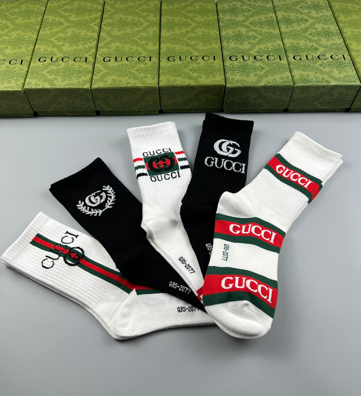 Gucci White Black Red Green Stripes Crew Socks, image 7