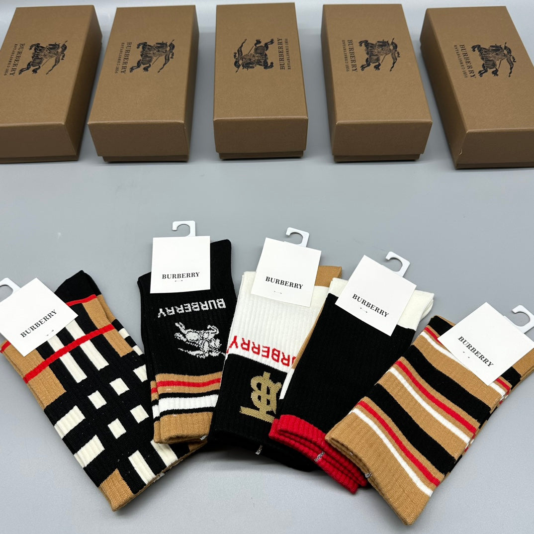 Burberry Black White Multicolour Check Stripes Crew Socks, image 8