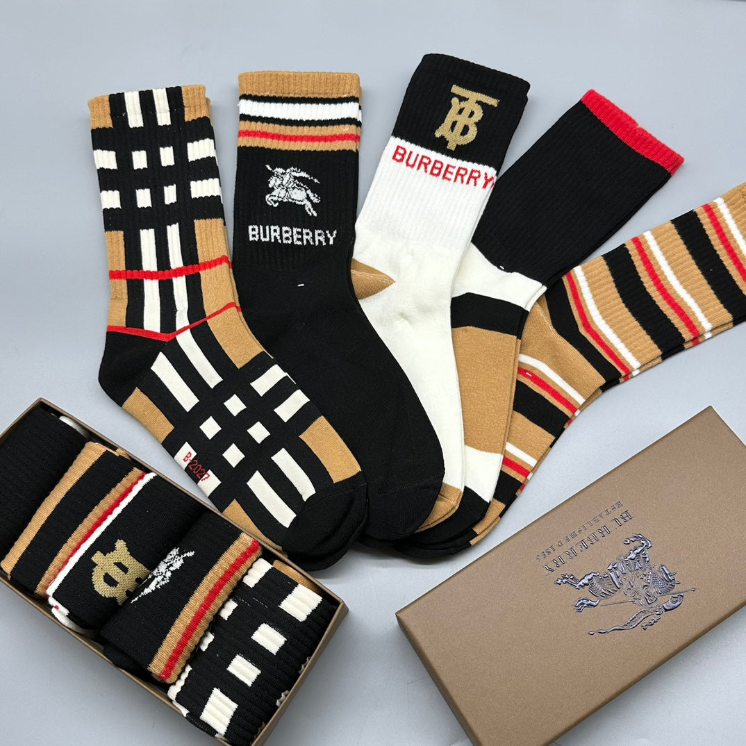 Burberry Black White Multicolour Check Stripes Crew Socks, image 1
