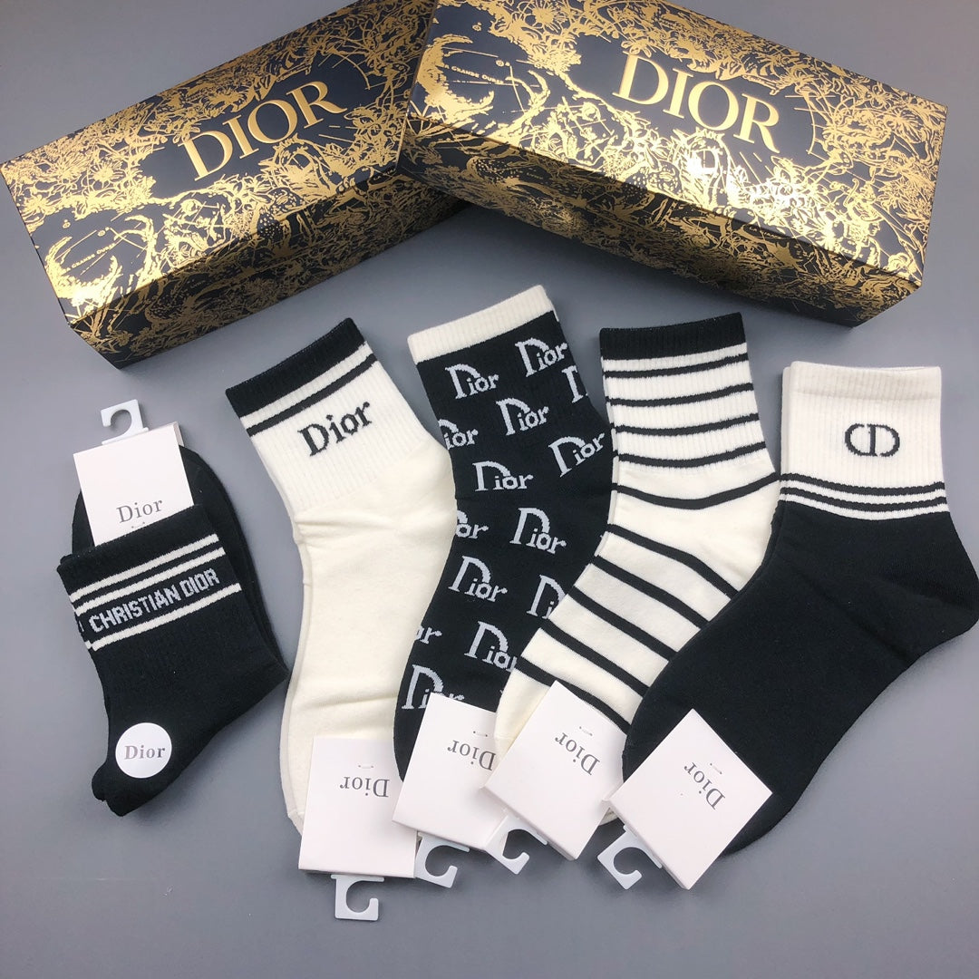Dior Black White Mixed Letter Stripe Crew Socks, image 4