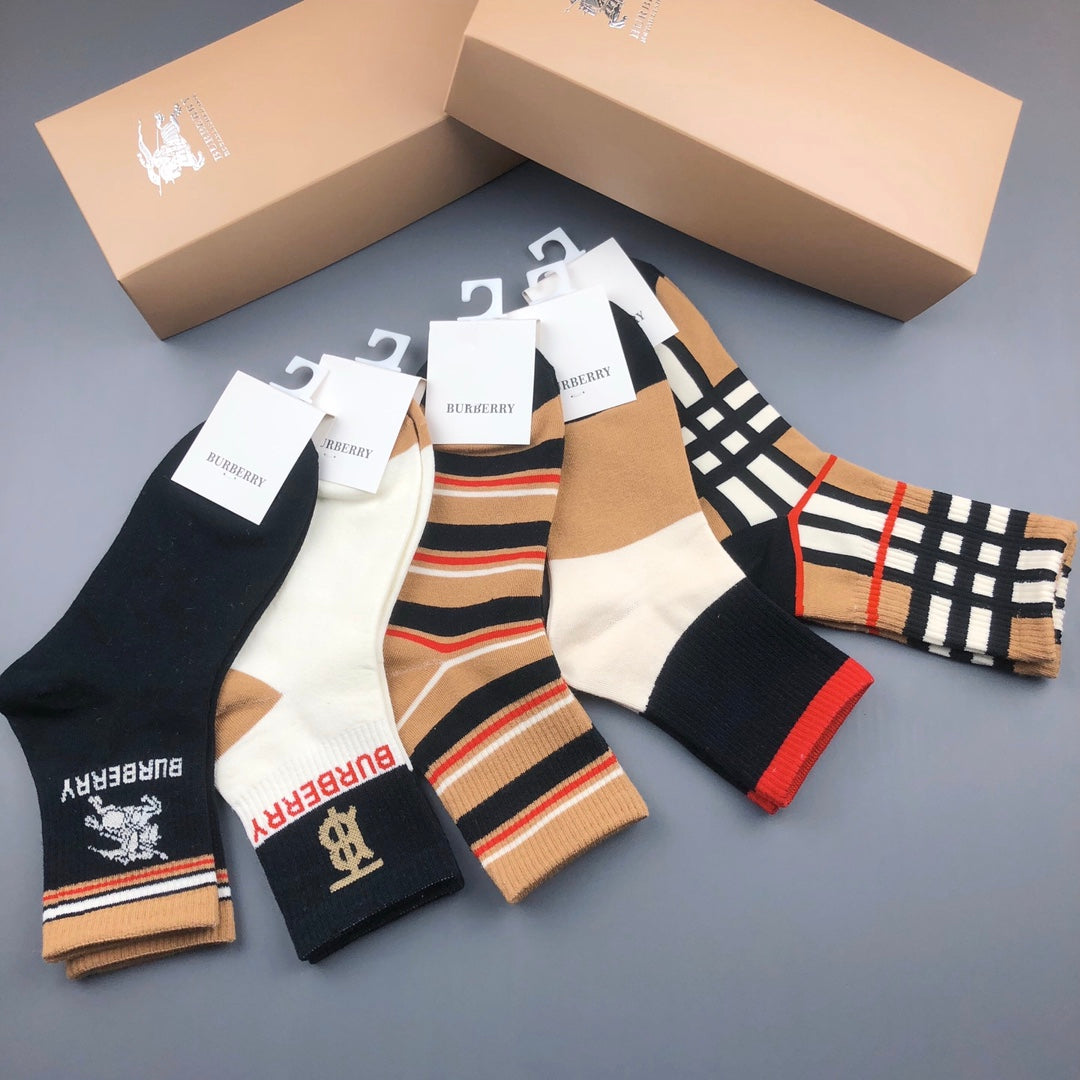 Burberry Black White Orange Check Stripes Crew Socks, image 4