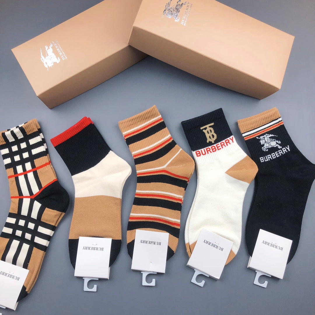 Burberry Black White Orange Check Stripes Crew Socks, image 2