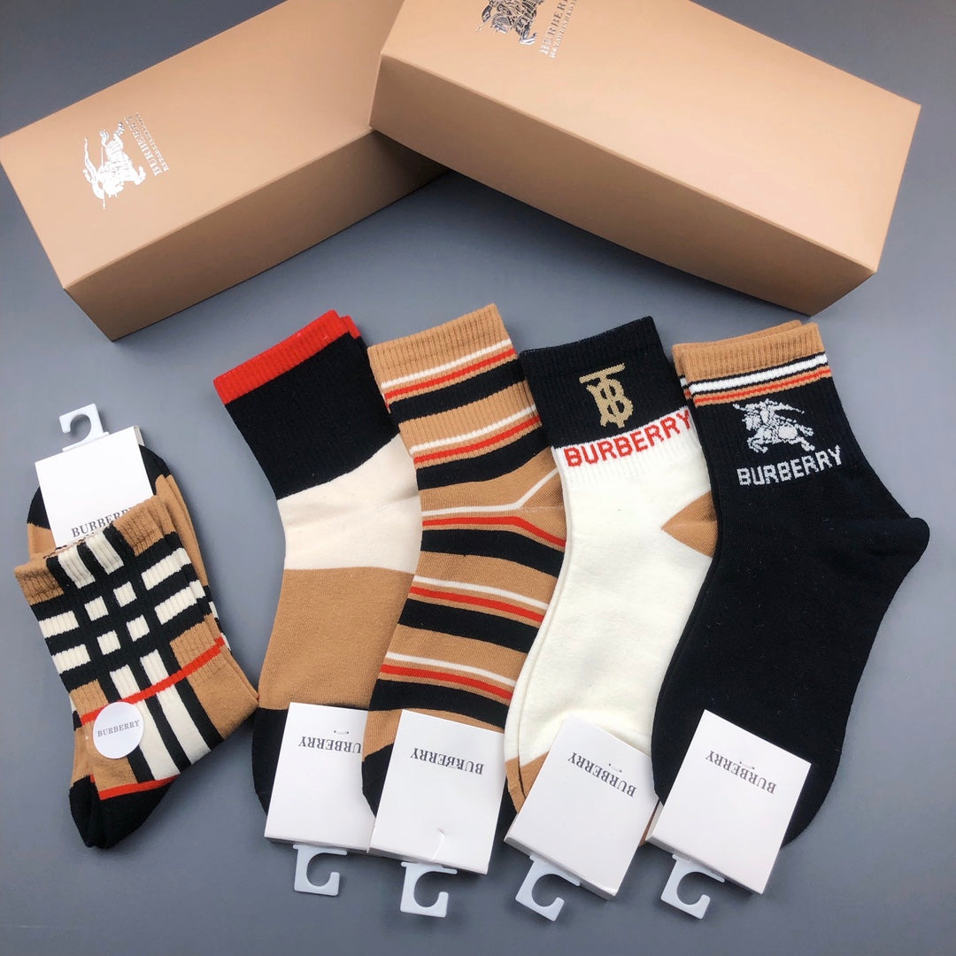 Burberry Black White Orange Check Stripes Crew Socks, image 6