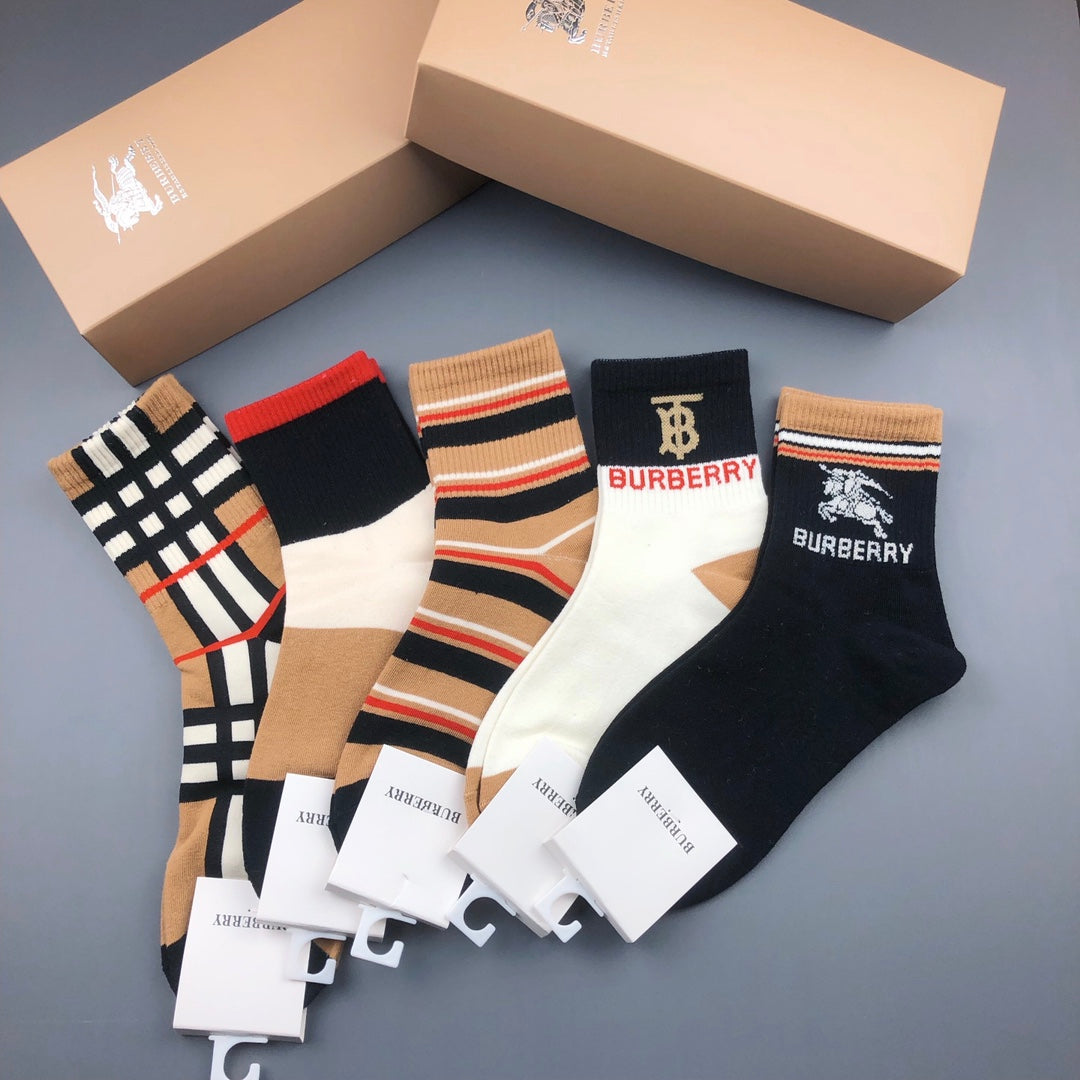 Burberry Black White Orange Check Stripes Crew Socks, image 3