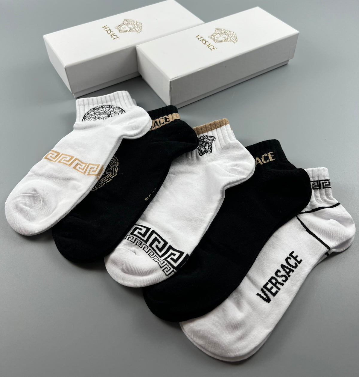 Versace Black White Grey Packaged Low Opening No-Show Socks, image 7
