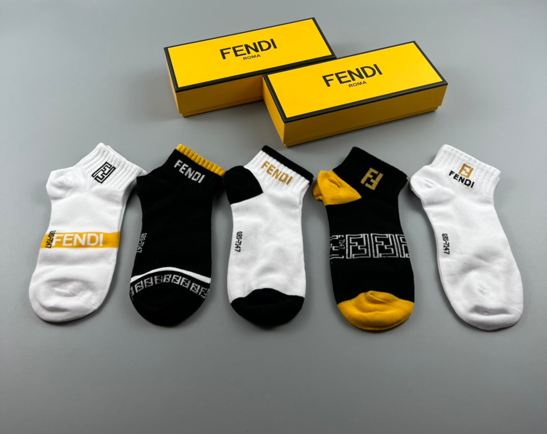 Fendi Black White Grey Gold Stripe Detail Ankle Socks, image 1