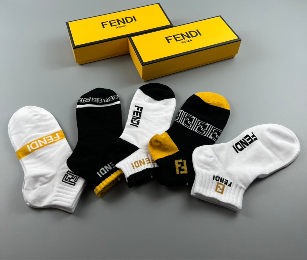 Fendi Black White Grey Gold Stripe Detail Ankle Socks, image 5