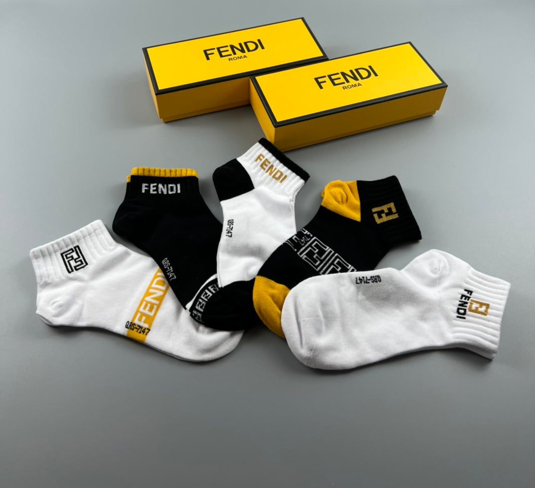 Fendi Black White Grey Gold Stripe Detail Ankle Socks, image 3