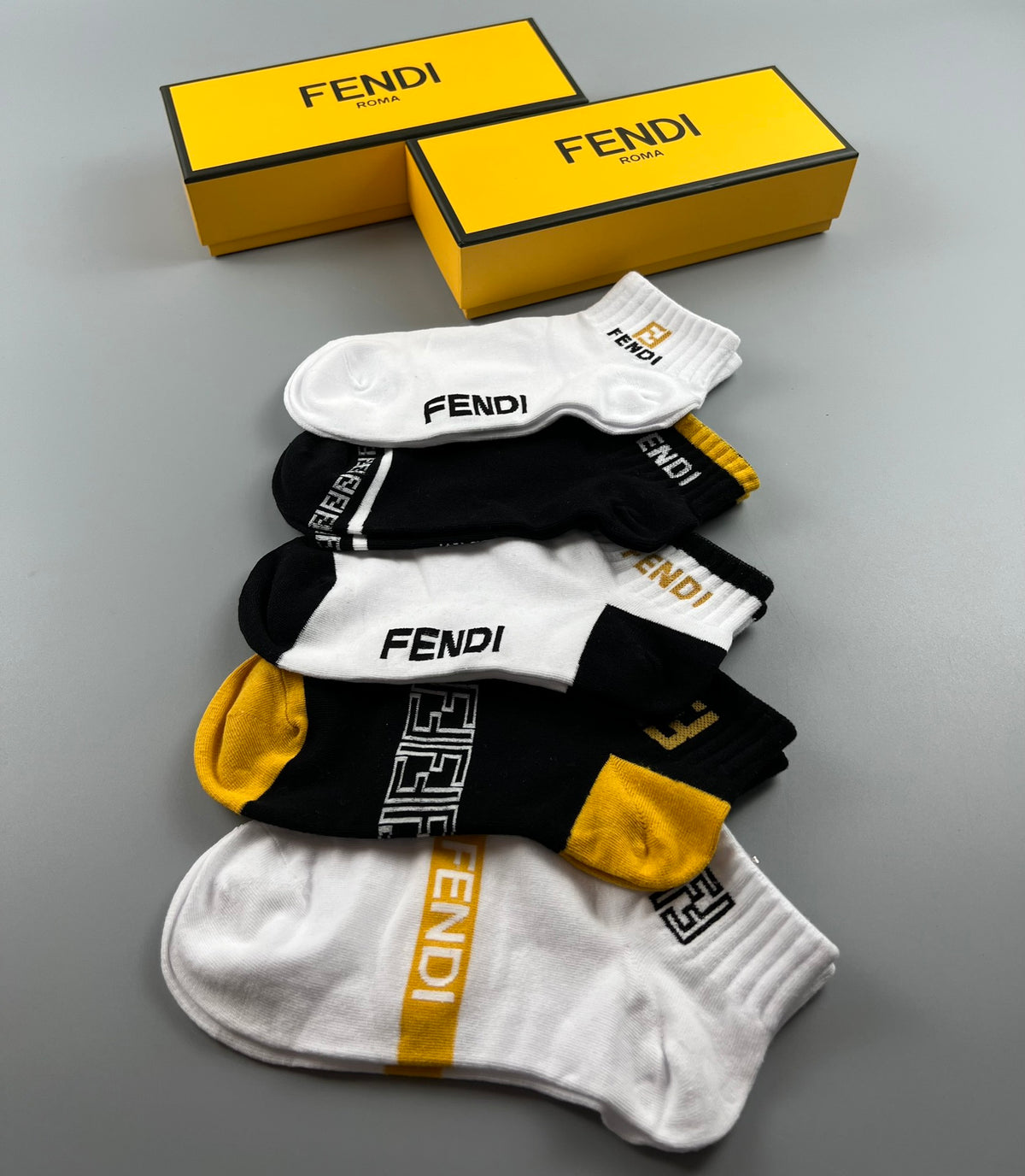 Fendi Black White Grey Gold Stripe Detail Ankle Socks, image 7