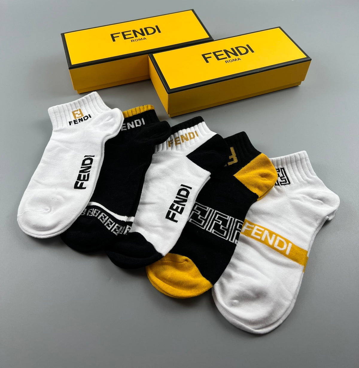 Fendi Black White Grey Gold Stripe Detail Ankle Socks, image 8