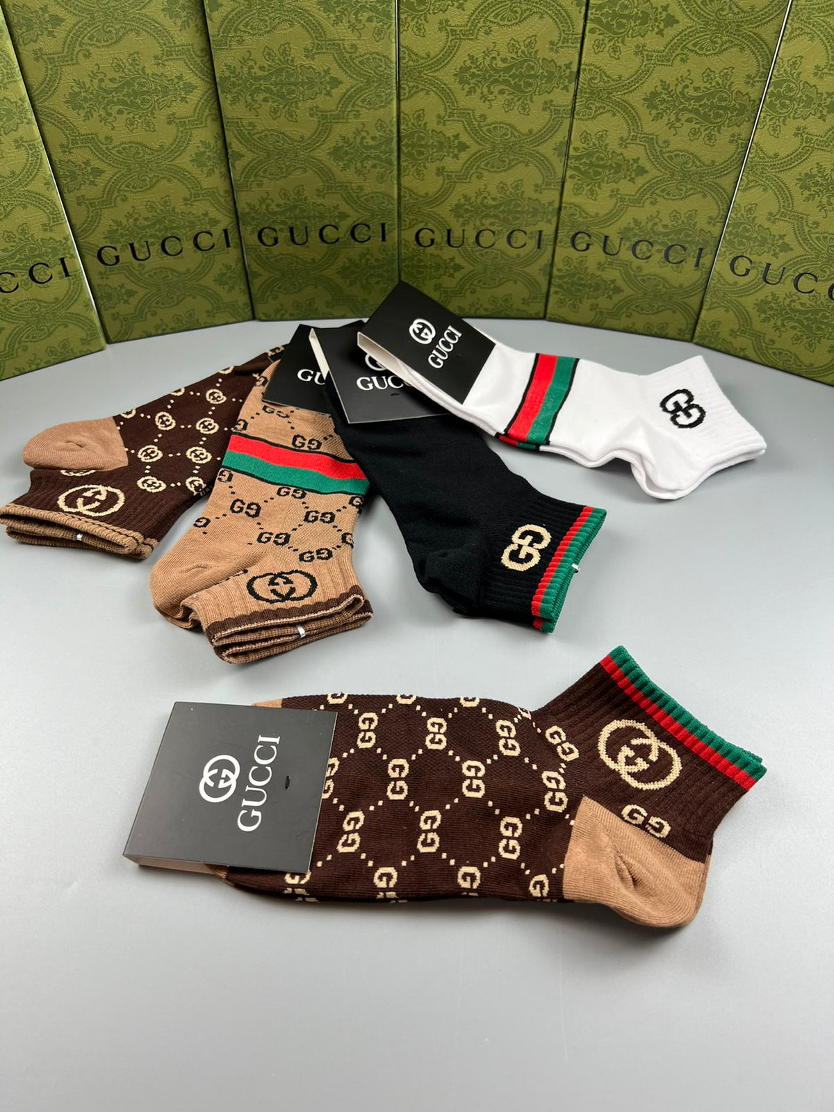 Gucci Brown Checkerboard Stripe Mix Crew Socks, image 6