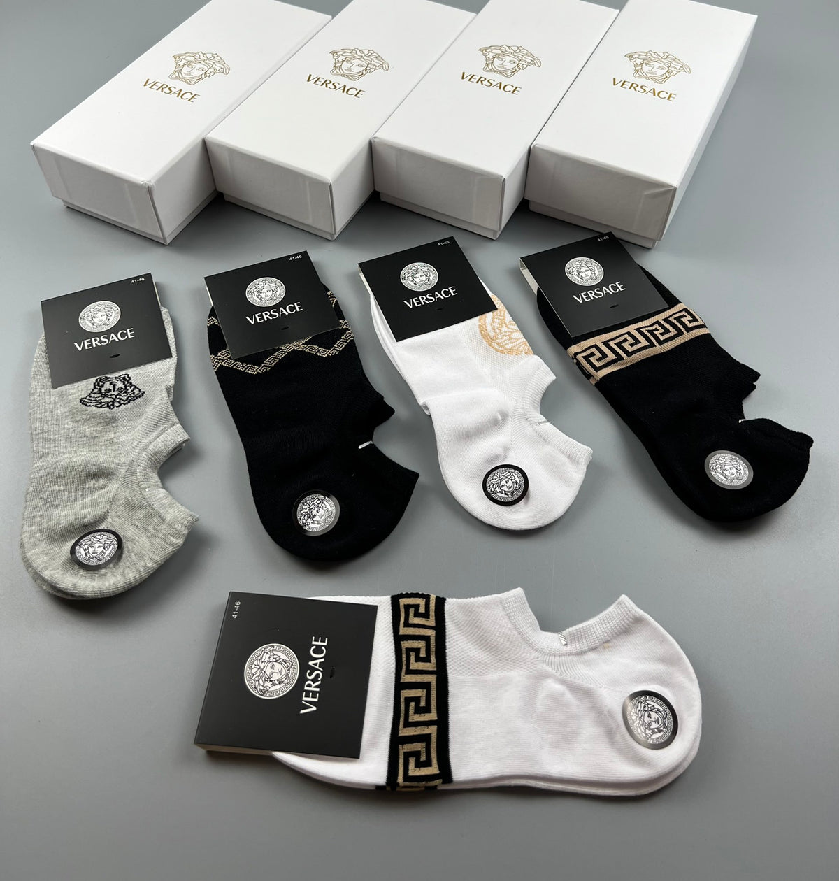 Versace Black White Grey Small Face Motif Ankle Socks, image 6