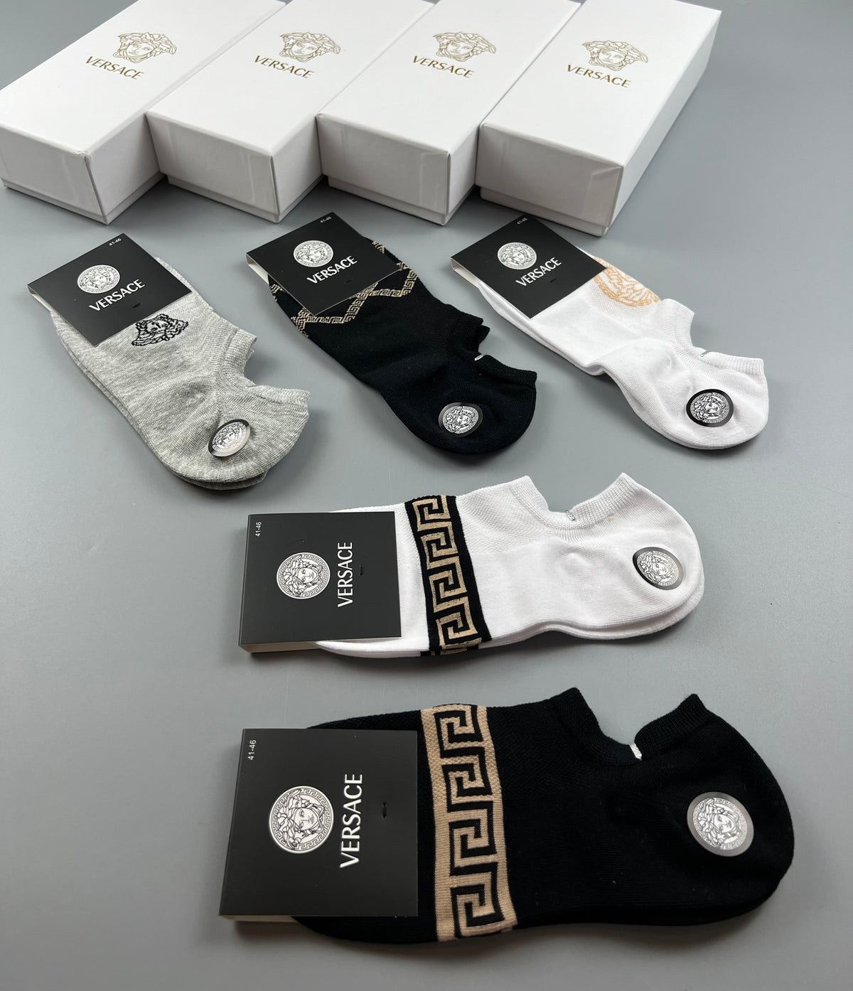 Versace Black White Grey Small Face Motif Ankle Socks, image 4