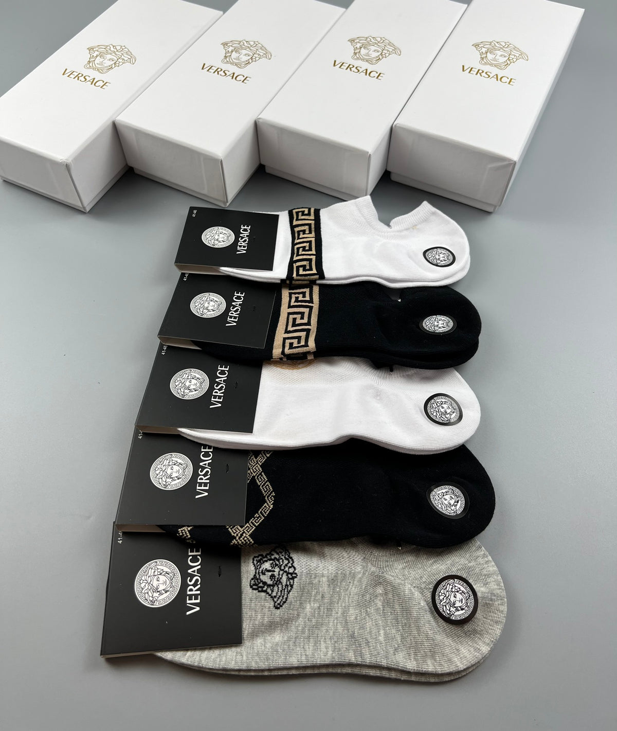 Versace Black White Grey Small Face Motif Ankle Socks, image 8