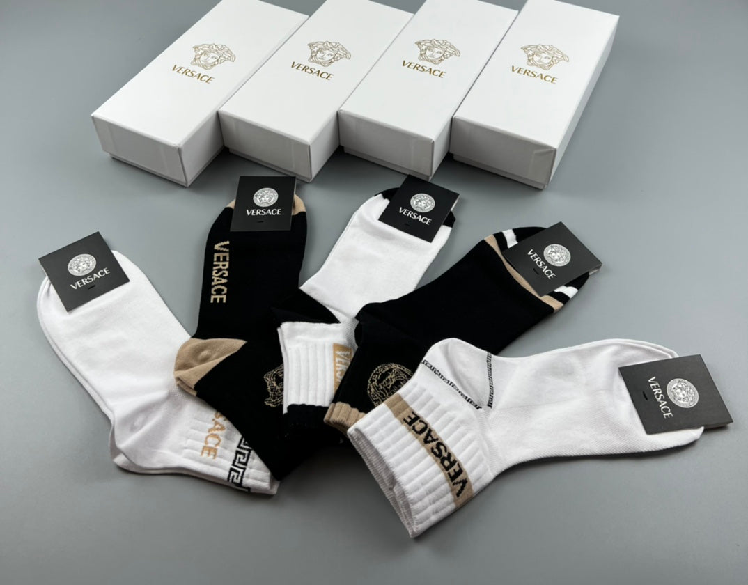 Versace Black White Grey Ornamental Cuffs Crew Socks, image 5
