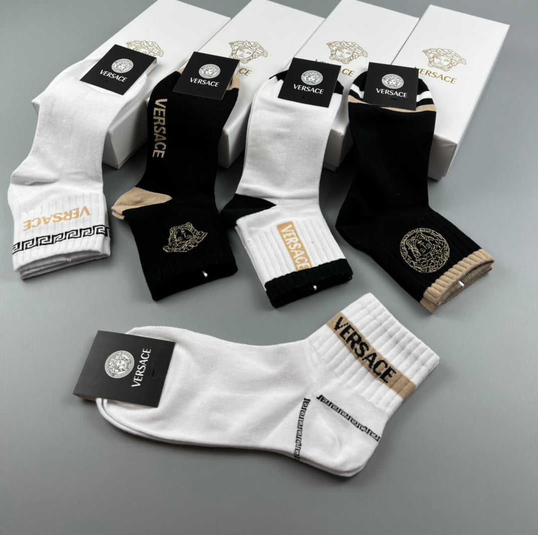 Versace Black White Grey Ornamental Cuffs Crew Socks, image 8