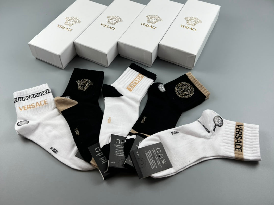 Versace Black White Grey Ornamental Cuffs Crew Socks, image 7