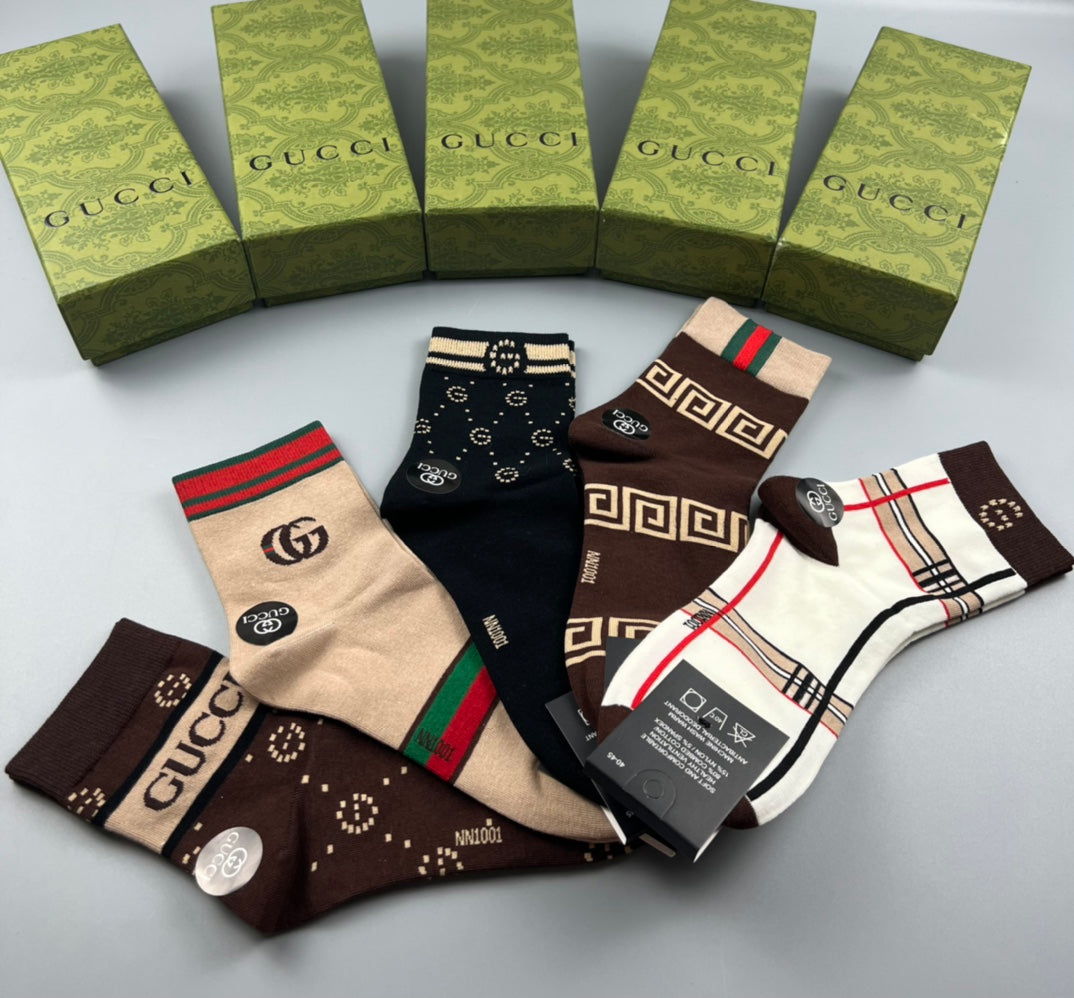 Gucci Brown Black Cream Checker Detail Crew Socks, image 8