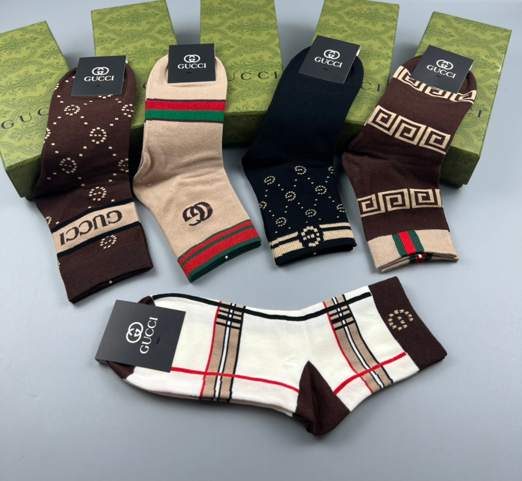 Gucci Brown Black Cream Checker Detail Crew Socks, image 3