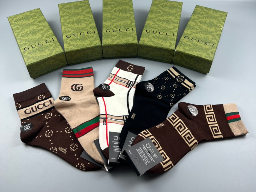 Gucci Brown Black Cream Checker Detail Crew Socks, image 7