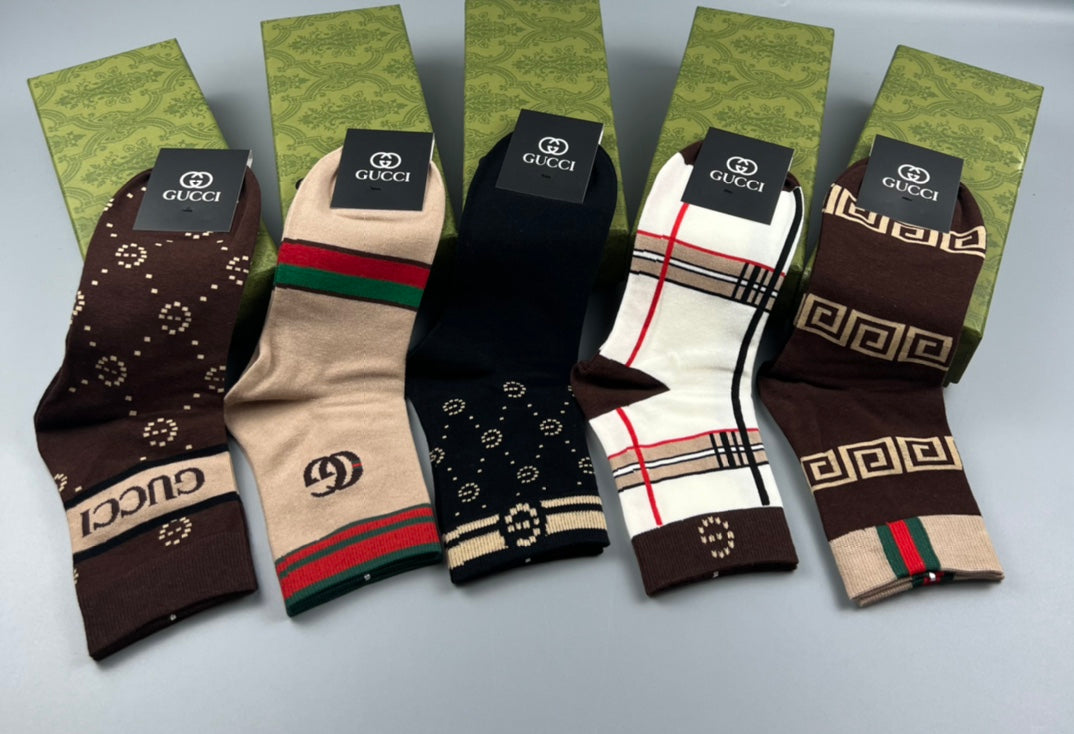 Gucci Brown Black Cream Checker Detail Crew Socks, image 2