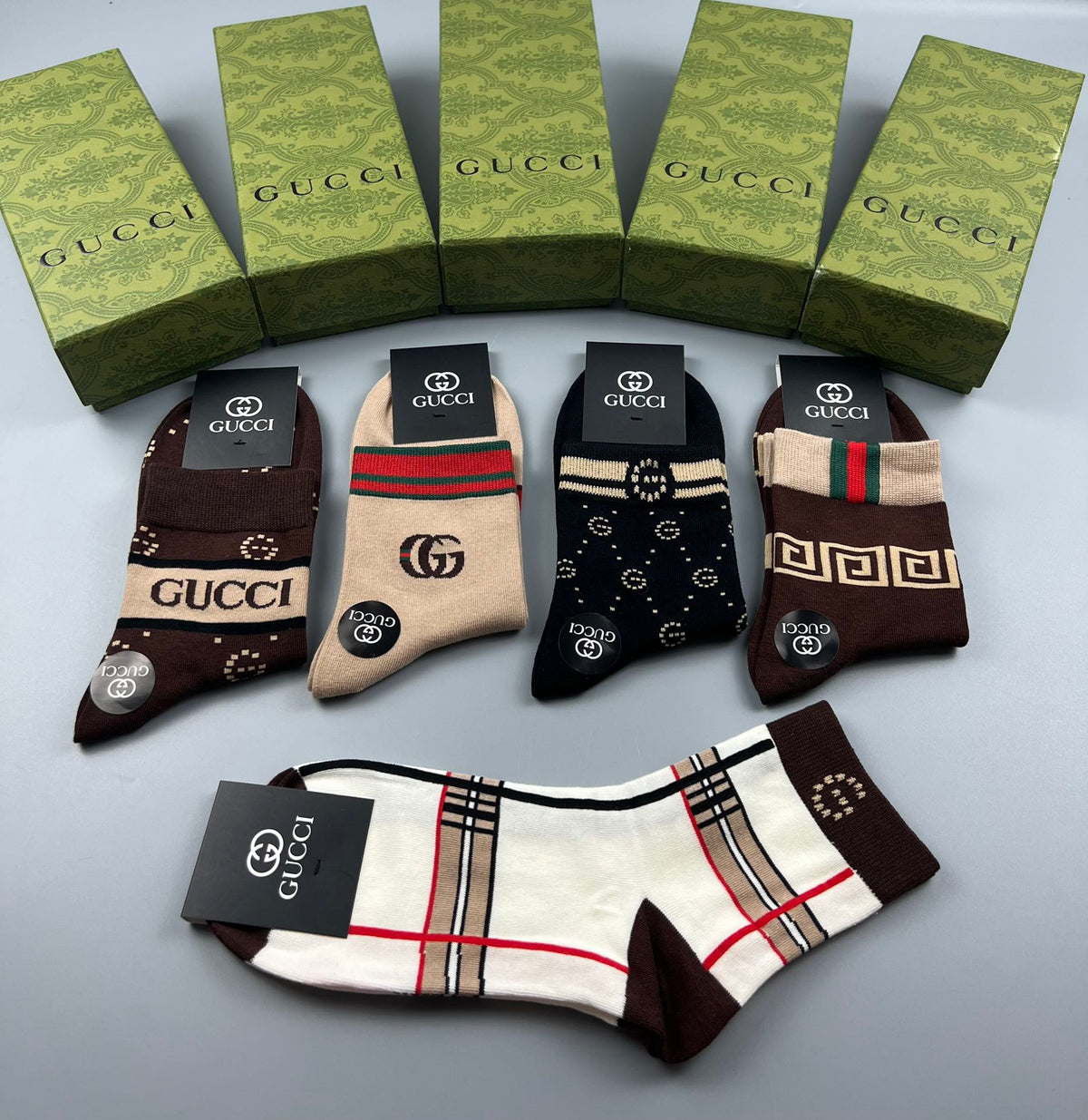 Gucci Brown Black Cream Checker Detail Crew Socks, image 4