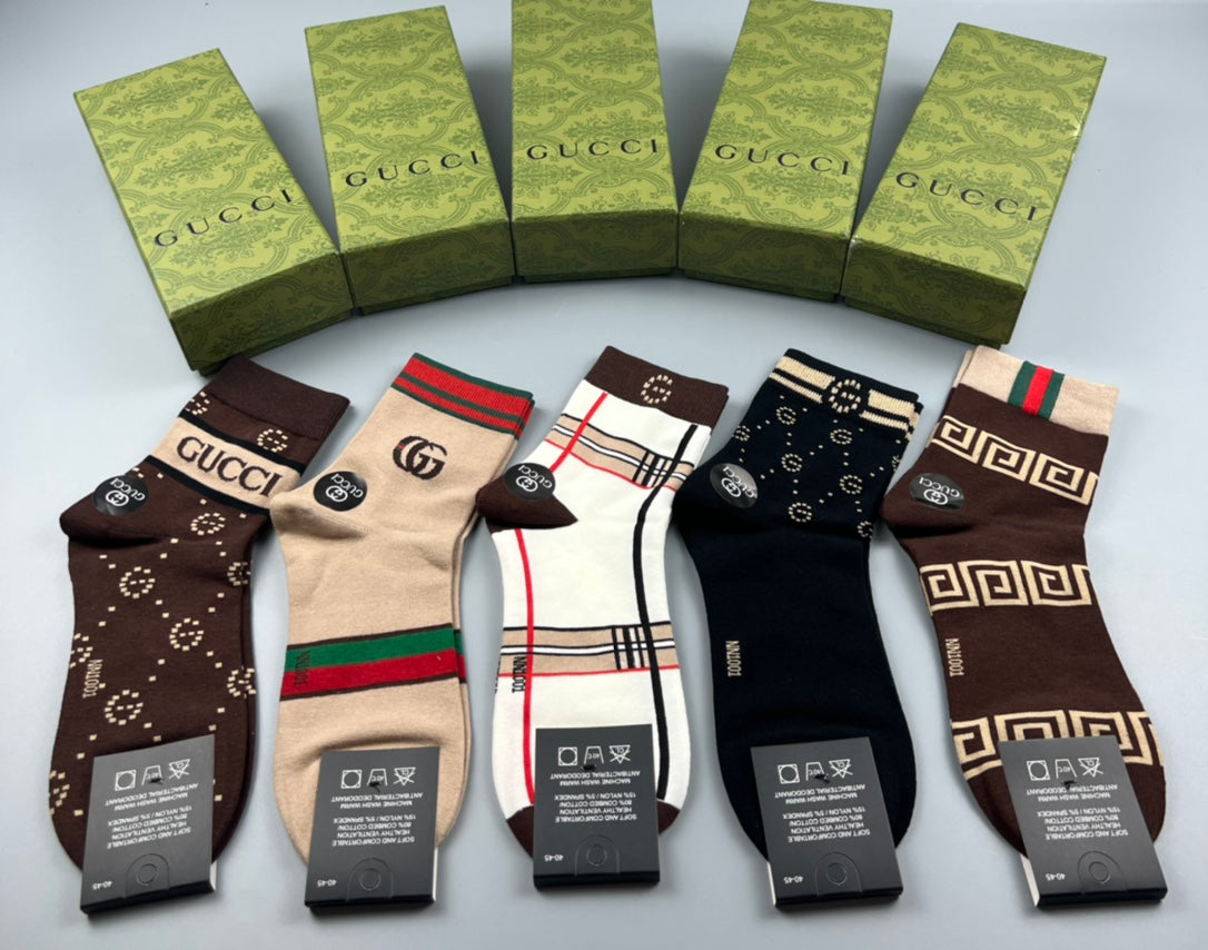 Gucci Brown Black Cream Checker Detail Crew Socks, image 6