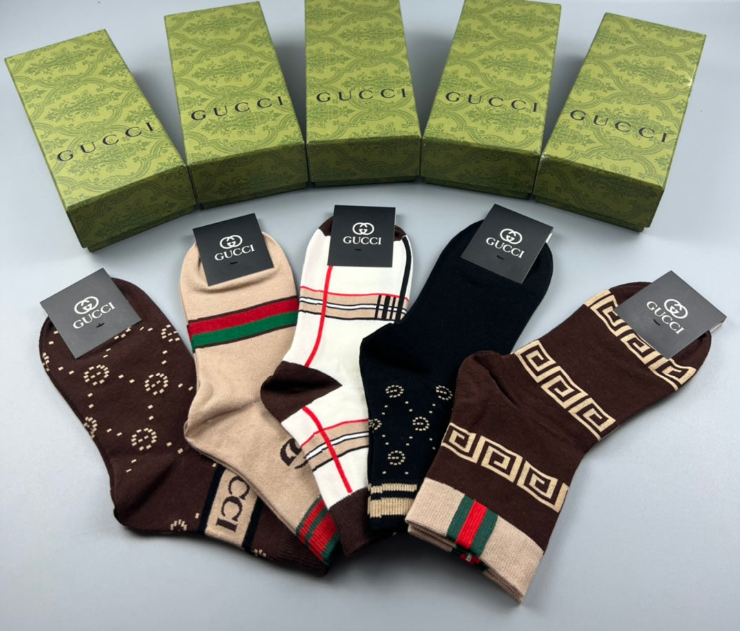 Gucci Brown Black Cream Checker Detail Crew Socks, image 5
