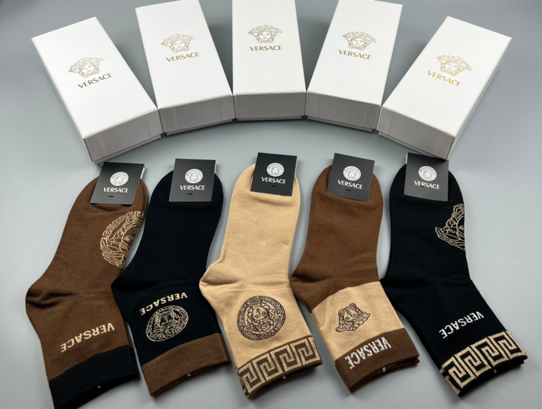 Versace Earthy Gold Key Large Medallions Crew Socks, image 1