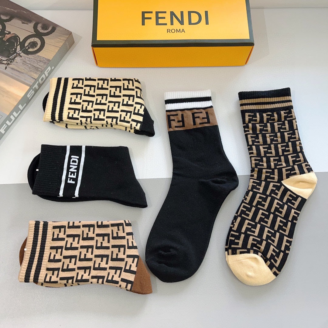 Fendi Black Cream Dense Vertical Letters Crew Socks, image 7