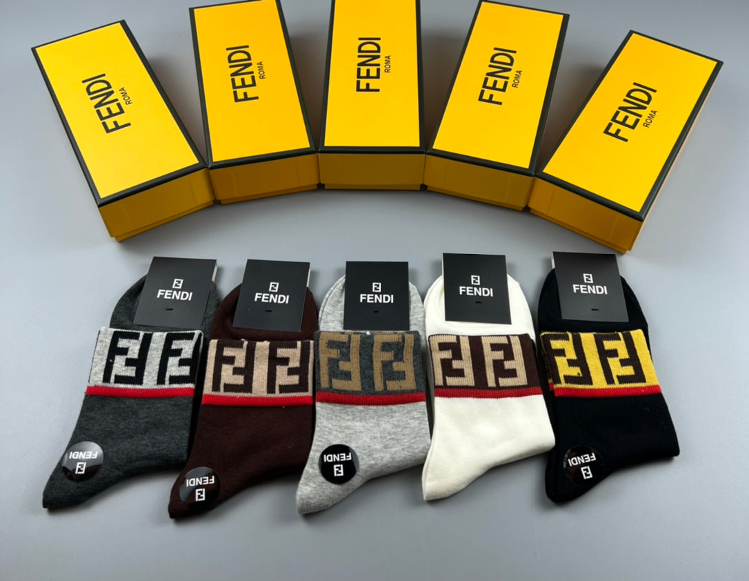 Fendi Grey Brown Black Small Hem Letters Crew Socks, image 6