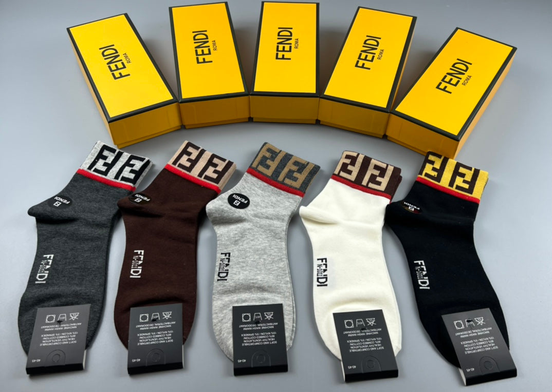 Fendi Grey Brown Black Small Hem Letters Crew Socks, image 5