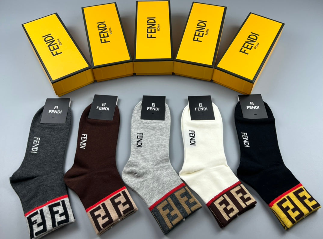 Fendi Grey Brown Black Small Hem Letters Crew Socks, image 1